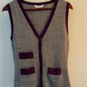 PINK TARTAN Grey Knit Vest  w/metallic Thread Burgundy Trim Button Front Small